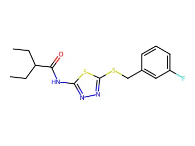 2-ethyl-N-(5-((3-fluorobenzyl)thio)-1,3,4-thiadiazol-2-yl)butanamide structure