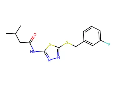 N-(5-((3-fluorobenzyl)thio)-1,3,4-thiadiazol-2-yl)-3-methylbutanamide structure