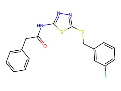 N-(5-((3-fluorobenzyl)thio)-1,3,4-thiadiazol-2-yl)-2-phenylacetamide structure
