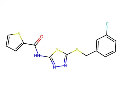 N-(5-((3-fluorobenzyl)thio)-1,3,4-thiadiazol-2-yl)thiophene-2-carboxamide structure