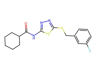 N-(5-((3-fluorobenzyl)thio)-1,3,4-thiadiazol-2-yl)cyclohexanecarboxamide structure