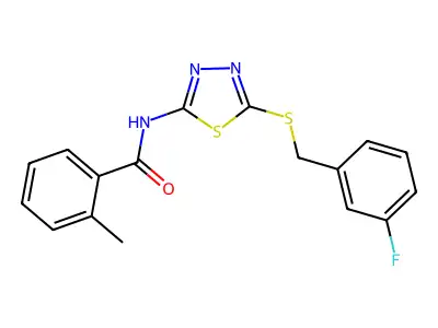 N-(5-((3-fluorobenzyl)thio)-1,3,4-thiadiazol-2-yl)-2-methylbenzamide structure