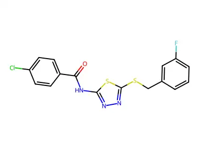 N-(5-(3-fluorobenzylthio)-1,3,4-thiadiazol-2-yl)-4-chlorobenzamide structure