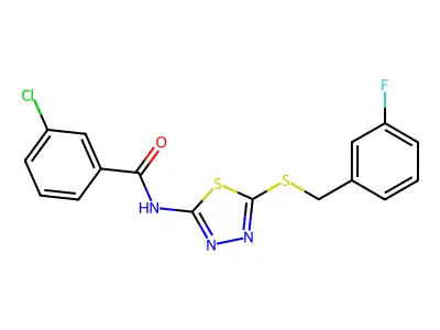 3-chloro-N-[5-[(3-fluorophenyl)methylsulfanyl]-1,3,4-thiadiazol-2-yl]benzamide structure