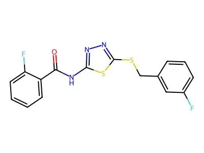 2-fluoro-N-[5-[(3-fluorophenyl)methylsulfanyl]-1,3,4-thiadiazol-2-yl]benzamide structure