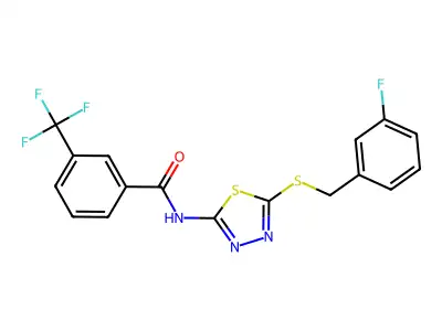 N-(5-((3-fluorobenzyl)thio)-1,3,4-thiadiazol-2-yl)-3-(trifluoromethyl)benzamide structure