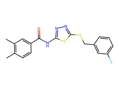 N-(5-((3-fluorobenzyl)thio)-1,3,4-thiadiazol-2-yl)-3,4-dimethylbenzamide structure