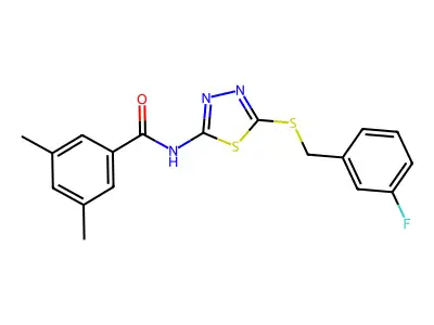 N-(5-((3-fluorobenzyl)thio)-1,3,4-thiadiazol-2-yl)-3,5-dimethylbenzamide structure
