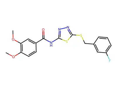 N-(5-((3-fluorobenzyl)thio)-1,3,4-thiadiazol-2-yl)-3,4-dimethoxybenzamide structure