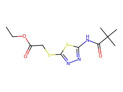 Ethyl 2-((5-pivalamido-1,3,4-thiadiazol-2-yl)thio)acetate structure
