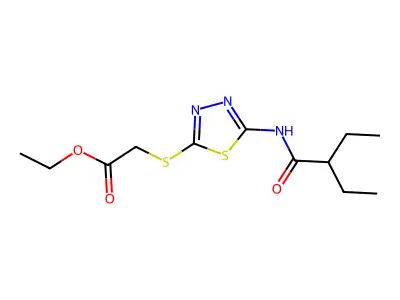 Ethyl 2-((5-(2-ethylbutanamido)-1,3,4-thiadiazol-2-yl)thio)acetate structure