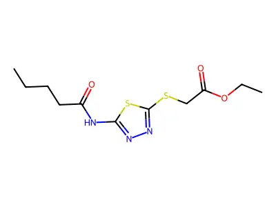 Ethyl 2-((5-pentanamido-1,3,4-thiadiazol-2-yl)thio)acetate structure
