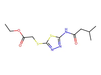 Ethyl 2-((5-(3-methylbutanamido)-1,3,4-thiadiazol-2-yl)thio)acetate structure