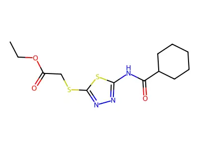 Ethyl 2-((5-(cyclohexanecarboxamido)-1,3,4-thiadiazol-2-yl)thio)acetate structure