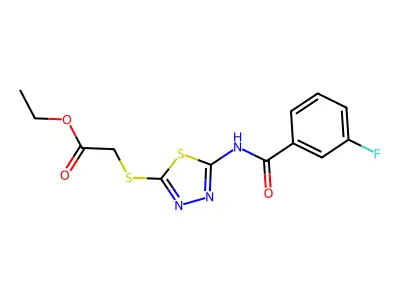 Ethyl 2-((5-(3-fluorobenzamido)-1,3,4-thiadiazol-2-yl)thio)acetate structure