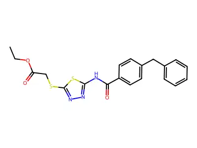 Ethyl 2-((5-(4-benzylbenzamido)-1,3,4-thiadiazol-2-yl)thio)acetate structure