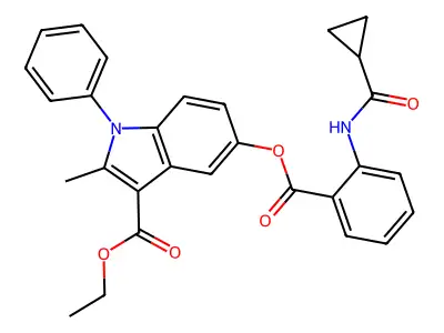 ethyl 5-((2-(cyclopropanecarboxamido)benzoyl)oxy)-2-methyl-1-phenyl-1H-indole-3-carboxylate structure