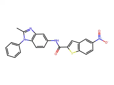 N-(2-methyl-1-phenylbenzimidazol-5-yl)-5-nitro-1-benzothiophene-2-carboxamide structure