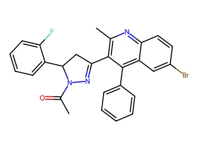 1-(3-(6-bromo-2-methyl-4-phenylquinolin-3-yl)-5-(2-fluorophenyl)-4,5-dihydro-1H-pyrazol-1-yl)ethanone structure