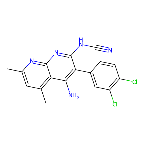 [4-amino-3-(3,4-dichlorophenyl)-5,7-dimethyl-1,8-naphthyridin-2-yl]cyanamide structure