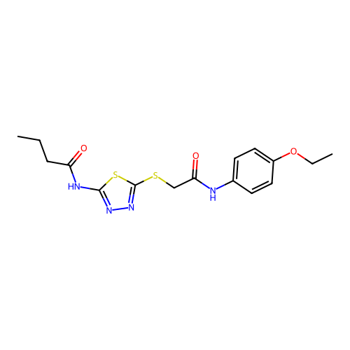 N-(5-((2-((4-ethoxyphenyl)amino)-2-oxoethyl)thio)-1,3,4-thiadiazol-2-yl)butyramide structure