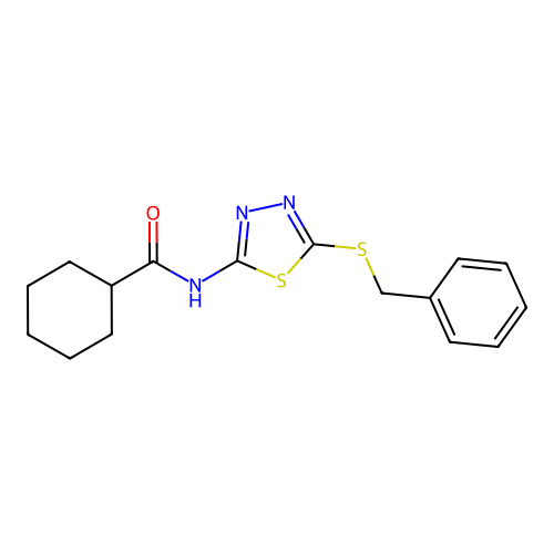 N-(5-benzylsulfanyl-1,3,4-thiadiazol-2-yl)cyclohexanecarboxamide structure