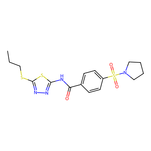 N-(5-(propylthio)-1,3,4-thiadiazol-2-yl)-4-(pyrrolidin-1-ylsulfonyl)benzamide structure