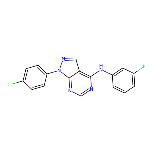1-(4-chlorophenyl)-N-(3-fluorophenyl)pyrazolo[3,4-d]pyrimidin-4-amine structure