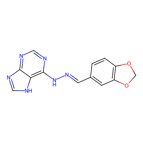 (E)-6-(2-(benzo[d][1,3]dioxol-5-ylmethylene)hydrazinyl)-9H-purine structure