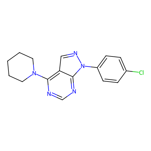 1-(4-chlorophenyl)-4-(piperidin-1-yl)-1H-pyrazolo[3,4-d]pyrimidine structure