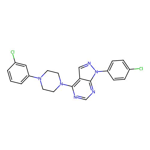 1-(4-chlorophenyl)-4-(4-(3-chlorophenyl)piperazin-1-yl)-1H-pyrazolo[3,4-d]pyrimidine structure