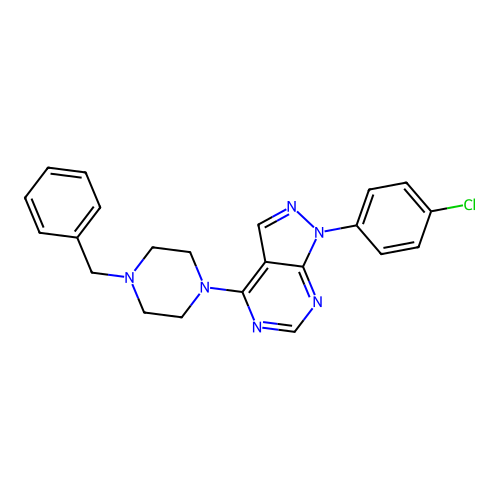 1-benzyl-4-[1-(4-chlorophenyl)-1H-pyrazolo[3,4-d]pyrimidin-4-yl]piperazine structure