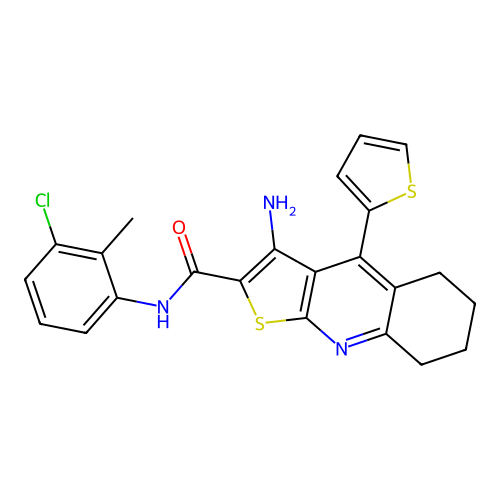 3-amino-N-(3-chloro-2-methylphenyl)-4-(thiophen-2-yl)-5,6,7,8-tetrahydrothieno[2,3-b]quinoline-2-carboxamide structure