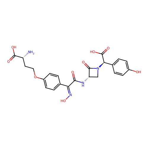 (2R)-2-amino-4-[4-[N-hydroxy-C-[[(3S)-1-[(1R)-2-hydroxy-1-(4-hydroxyphenyl)-2-oxoethyl]-2-oxoazetidin-3-yl]carbamoyl]carbonimidoyl]phenoxy]butanoic acid structure