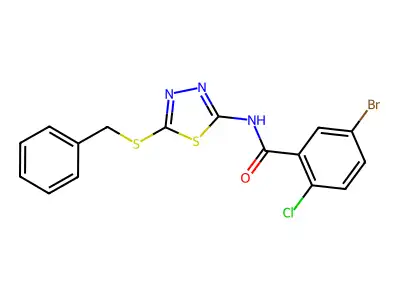 N-(5-benzylsulfanyl-1,3,4-thiadiazol-2-yl)-5-bromo-2-chlorobenzamide structure
