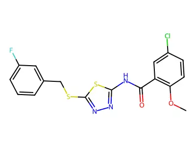 5-chloro-N-(5-((3-fluorobenzyl)thio)-1,3,4-thiadiazol-2-yl)-2-methoxybenzamide structure