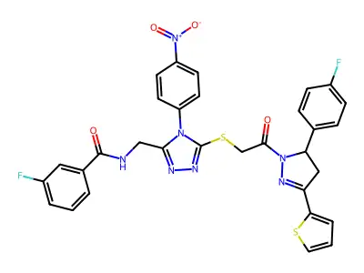 3-fluoro-N-{[5-({2-[5-(4-fluorophenyl)-3-(thiophen-2-yl)-4,5-dihydro-1H-pyrazol-1-yl]-2-oxoethyl}sulfanyl)-4-(4-nitrophenyl)-4H-1,2,4-triazol-3-yl]methyl}benzamide structure