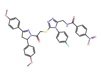 N-{[5-({2-[3,5-bis(4-methoxyphenyl)-4,5-dihydro-1H-pyrazol-1-yl]-2-oxoethyl}sulfanyl)-4-(4-fluorophenyl)-4H-1,2,4-triazol-3-yl]methyl}-4-nitrobenzamide structure