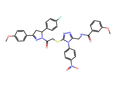N-{[5-({2-[5-(4-fluorophenyl)-3-(4-methoxyphenyl)-4,5-dihydro-1H-pyrazol-1-yl]-2-oxoethyl}sulfanyl)-4-(4-nitrophenyl)-4H-1,2,4-triazol-3-yl]methyl}-3-methoxybenzamide structure