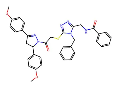 N-{[4-benzyl-5-({2-[3,5-bis(4-methoxyphenyl)-4,5-dihydro-1H-pyrazol-1-yl]-2-oxoethyl}sulfanyl)-4H-1,2,4-triazol-3-yl]methyl}benzamide structure
