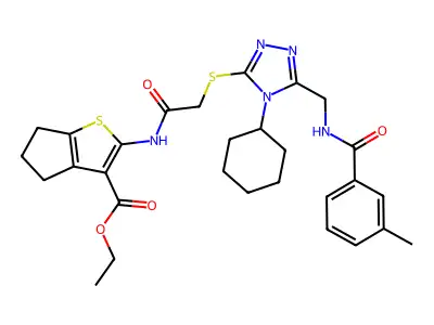 ethyl 2-{2-[(4-cyclohexyl-5-{[(3-methylphenyl)formamido]methyl}-4H-1,2,4-triazol-3-yl)sulfanyl]acetamido}-4H,5H,6H-cyclopenta[b]thiophene-3-carboxylate structure