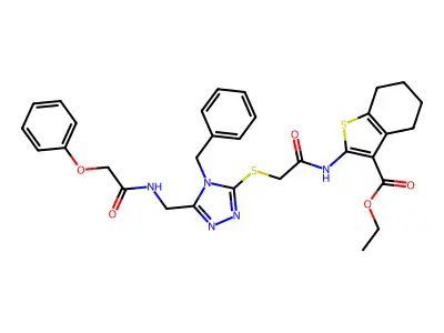 ethyl 2-[2-({4-benzyl-5-[(2-phenoxyacetamido)methyl]-4H-1,2,4-triazol-3-yl}sulfanyl)acetamido]-4,5,6,7-tetrahydro-1-benzothiophene-3-carboxylate structure