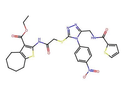 ethyl 2-(2-{[4-(4-nitrophenyl)-5-{[(thiophen-2-yl)formamido]methyl}-4H-1,2,4-triazol-3-yl]sulfanyl}acetamido)-4H,5H,6H,7H,8H-cyclohepta[b]thiophene-3-carboxylate structure