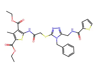 diethyl 5-(2-((4-benzyl-5-((thiophene-2-carboxamido)methyl)-4H-1,2,4-triazol-3-yl)thio)acetamido)-3-methylthiophene-2,4-dicarboxylate structure