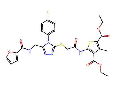 diethyl 5-(2-((4-(4-bromophenyl)-5-((furan-2-carboxamido)methyl)-4H-1,2,4-triazol-3-yl)thio)acetamido)-3-methylthiophene-2,4-dicarboxylate structure