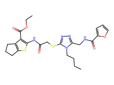ethyl 2-{2-[(4-butyl-5-{[(furan-2-yl)formamido]methyl}-4H-1,2,4-triazol-3-yl)sulfanyl]acetamido}-4H,5H,6H-cyclopenta[b]thiophene-3-carboxylate structure