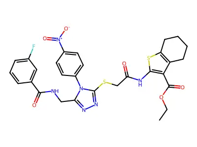 ethyl 2-{2-[(5-{[(3-fluorophenyl)formamido]methyl}-4-(4-nitrophenyl)-4H-1,2,4-triazol-3-yl)sulfanyl]acetamido}-4,5,6,7-tetrahydro-1-benzothiophene-3-carboxylate structure