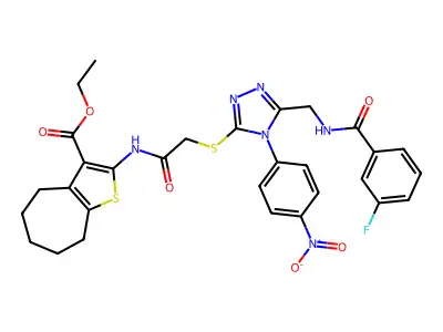 ethyl 2-{2-[(5-{[(3-fluorophenyl)formamido]methyl}-4-(4-nitrophenyl)-4H-1,2,4-triazol-3-yl)sulfanyl]acetamido}-4H,5H,6H,7H,8H-cyclohepta[b]thiophene-3-carboxylate structure