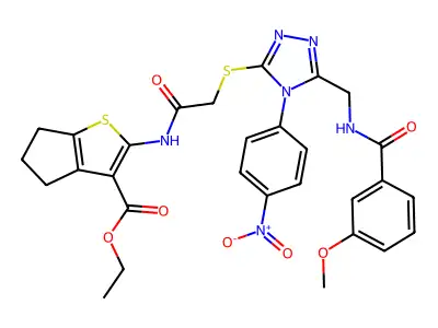 ethyl 2-(2-((5-((3-methoxybenzamido)methyl)-4-(4-nitrophenyl)-4H-1,2,4-triazol-3-yl)thio)acetamido)-5,6-dihydro-4H-cyclopenta[b]thiophene-3-carboxylate structure