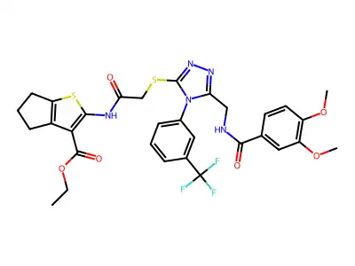 ethyl 2-{2-[(5-{[(3,4-dimethoxyphenyl)formamido]methyl}-4-[3-(trifluoromethyl)phenyl]-4H-1,2,4-triazol-3-yl)sulfanyl]acetamido}-4H,5H,6H-cyclopenta[b]thiophene-3-carboxylate structure